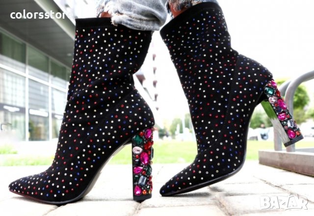 Боти в черно с цветни камъчета - LL307
