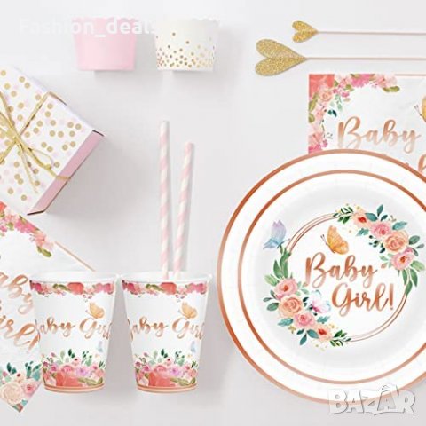 Нов комплект Флорални чинии салфетки чаши за бебешко парти момиче , снимка 3 - Други - 40094755