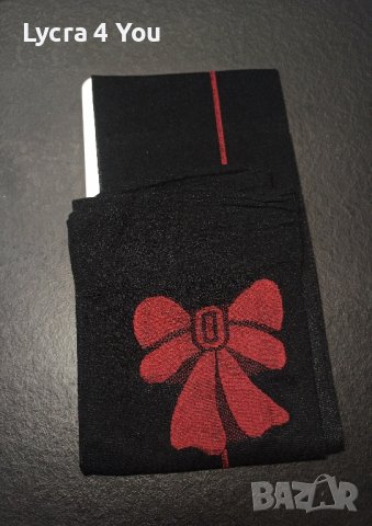 S/M дамски чорапи за жартиери в черно, с червена пета, ръб и панделка, снимка 4 - Бельо - 42642902