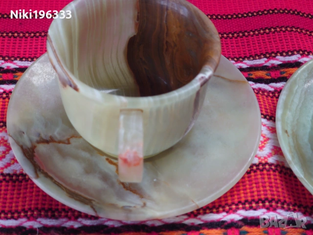 Уникален комплект от пакистански Оникс - 3 чаши с чинийки + 2 декоративни сфери, снимка 5 - Други - 54125547