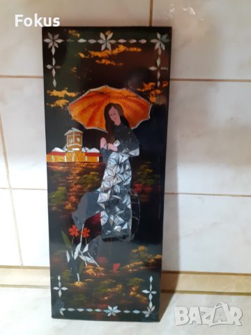 Уникална японска лакова картина с интарзия от седеф