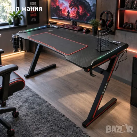 Геймърско бюро с RGB LED осветление, стойка за джойстици, поставка за чаша и голяма подложка , снимка 3 - Бюра - 56088086