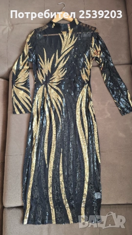 Нова дамска рокля с паети в черно и злато М-Л, снимка 13 - Рокли - 53909874
