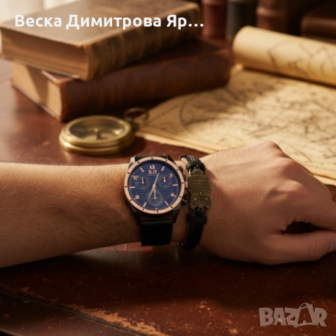 Мъжки часовник S&T Seek Time с кожена гривна – подаръчен комплект, снимка 3 - Бижутерийни комплекти - 52109475