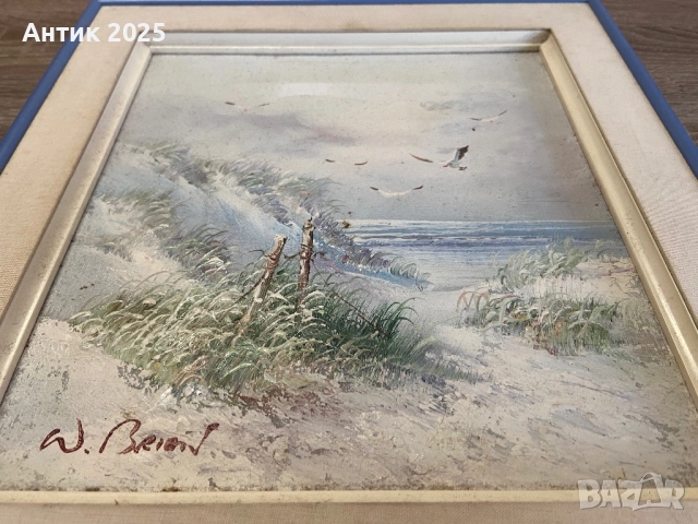 Винтидж морска картина „Дюни край морето“, с авторски подпис, средата на ХХ век, снимка 4 - Антикварни и старинни предмети - 52905821