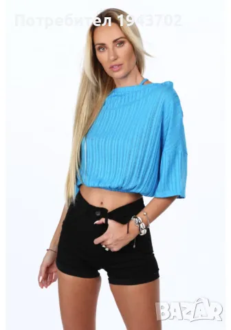 Къса дамска блуза с ластик в син цвят MP16365, снимка 4 - Корсети, бюстиета, топове - 48118290