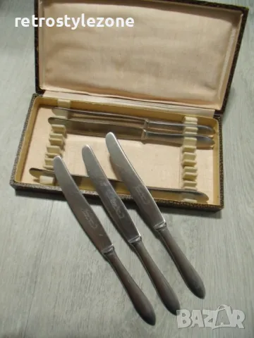 № 7831 комплект стари прибори   - 6 броя метални ножчета   - с кутия  - надпис / маркировка, снимка 3 - Други ценни предмети - 48695124