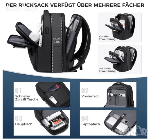 Разширяема раница за лаптоп 15.6″ 32.4L USB-A / USB-C, снимка 3 - Раници - 55960820