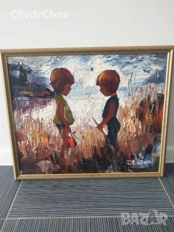 Folke Larsson 66х55см/стара шведска картина масло върху платно/деца-момче-момиче/дървена рамка