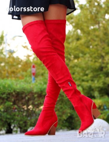 Ботуши на ток - червен велур - O350, снимка 2 - Дамски ботуши - 36064347