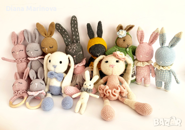 Зайче и дрънкалка ръчна изработка в неутрален цвят, плетени зайчета, играчка за бебе, бежово зайче , снимка 11 - Други - 44602627
