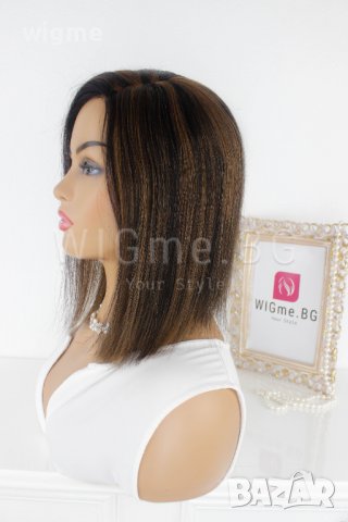 Черна перука от ЕСТЕСТВЕН косъм с кестеняви кичури Селена, снимка 3 - Аксесоари за коса - 37778345