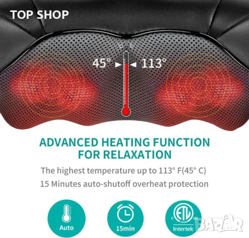 Nekteck Масажор за гръб, врат, масажор за рамена с топлина, дълбоки тъкани, 3D месене, натиск Шиацу,, снимка 4 - Масажори - 48831641