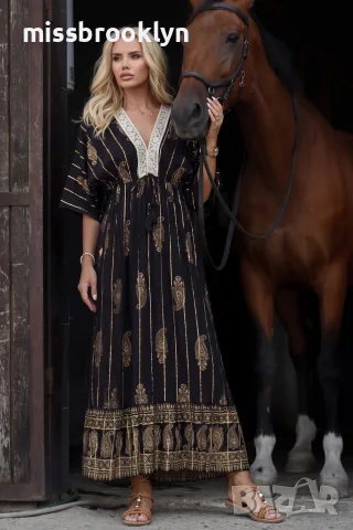 Рокля “Black Golden Paisley” – черна бохо рокля със златни орнаменти арт.1845, снимка 4 - Рокли - 55821467