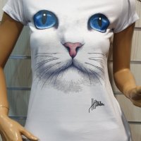 Страхотна нова дамска бяла тениска с 3D принт Котка със сини очи, снимка 13 - Тениски - 29126635