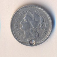 Стари трицентови монети от САЩ, 1865-1870 година, пробити, снимка 2 - Нумизматика и бонистика - 33739175