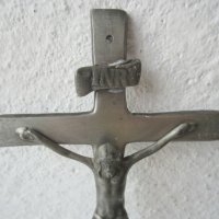 Религия, стар кръст, разпятие, метал, 28 см, маркировка, снимка 1 - Антикварни и старинни предмети - 29460468