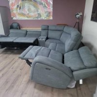 Сив ъглов диван от плат с електрически релаксиращ механизъм, снимка 3 - Дивани и мека мебел - 44342839
