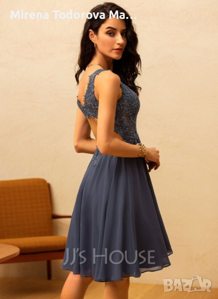 Абитуриентски рокли от шифон с дължина до коляното с V-образно деколте и мъниста.EU36 S-120лв., снимка 1