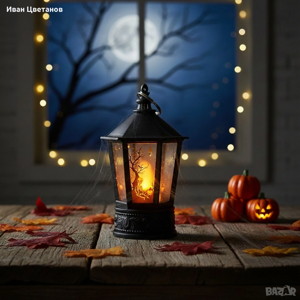 Декоративен LED фенер за Хелоуин – Реалистичен пламък и тематични шарки, снимка 1