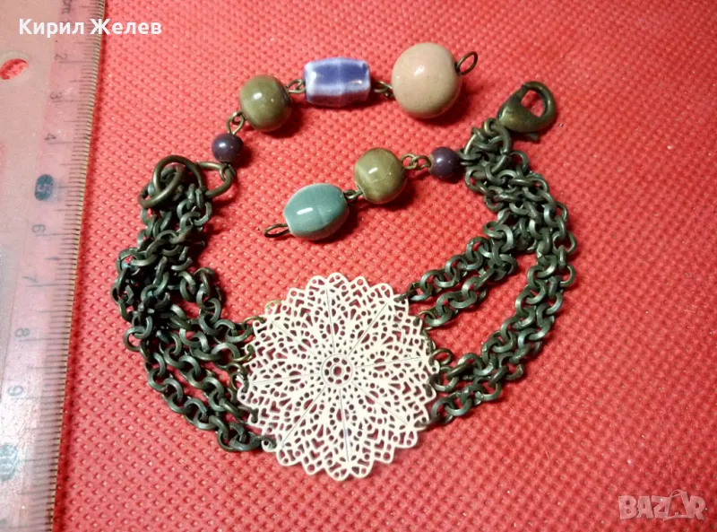 ФЛОРАЛНА ФИЛИГРАНЕН Тип МЕСИНГОВА ВИНТИДЖ ГРИВНА с ЦВЕТНА АРТ КЕРАМИКА 30523, снимка 1