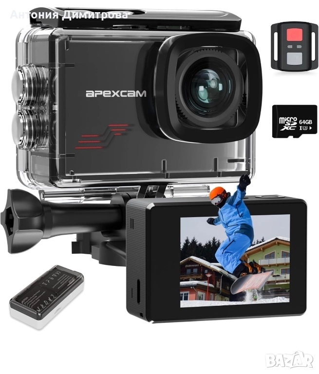 Apexcam M80 Екшън камера с 64GB карта 4K 60FPS 48MP 40M Ultra HD камера Подводна водоустойчива спорт, снимка 1