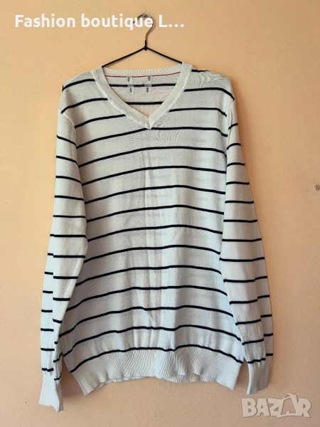 Бяла дълга памучна блуза със тъмно сини райета 🤍💙 Размер L 🤍💙, снимка 1