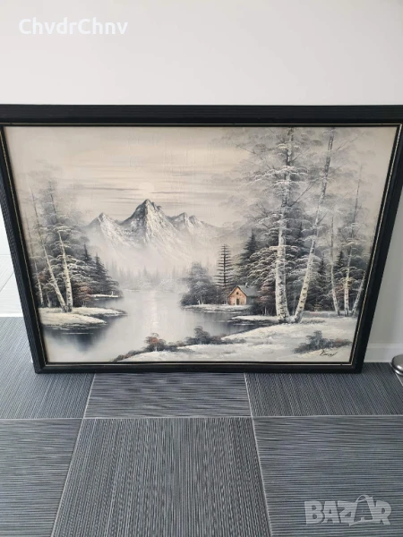 132х102см/стара голяма картина масло върху платно/зимен пейзаж/къща-езеро-планина/дървена рамка, снимка 1