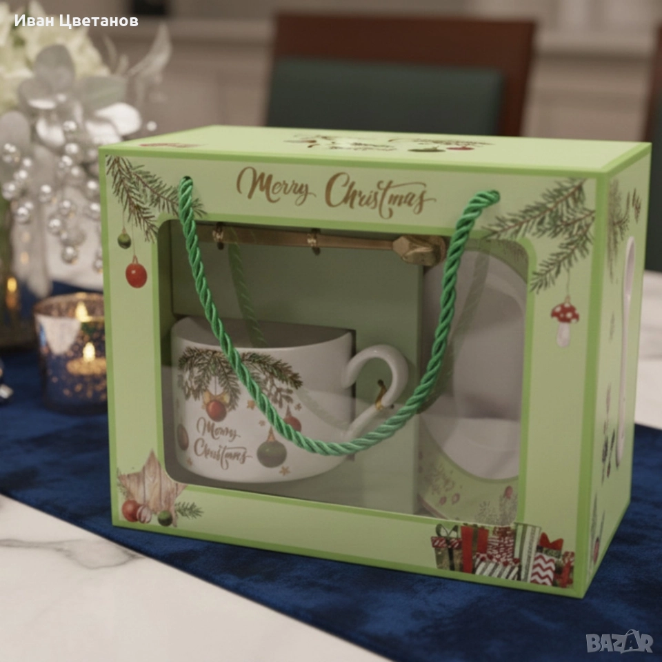 Коледен подаръчен комплект – Керамична чаша с лъжичка и чинийка в празнична кутия, снимка 1