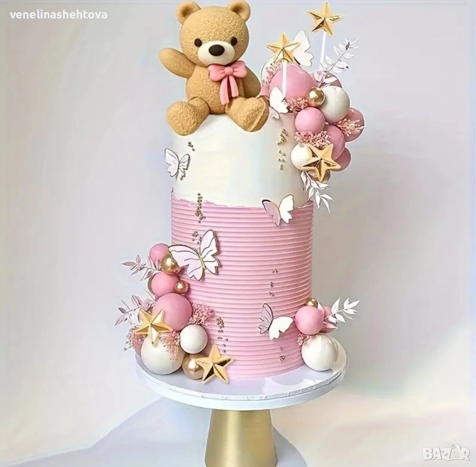 Фигурка мече с розова панделка топчета бели розови златисти декорация на торта , снимка 1