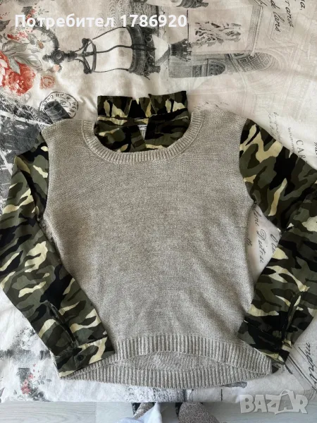Дамски пуловер с камуфлажни ръкави - ефект "риза с елек", снимка 1