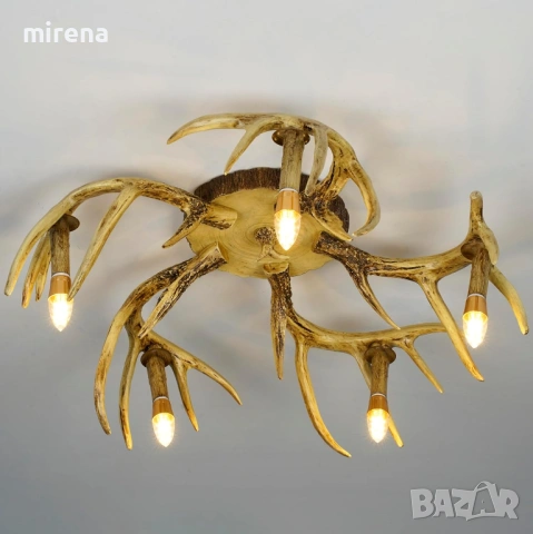 Таванна лампа полилей 5 лампи от еленови рога рустик селски, снимка 5 - Лампи за таван - 53225387