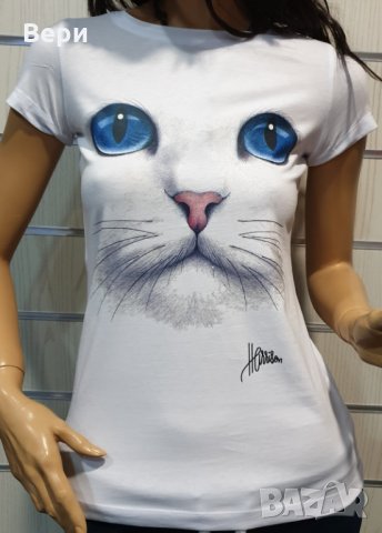 Страхотна нова дамска бяла тениска с 3D принт Котка със сини очи, снимка 13 - Тениски - 29126635