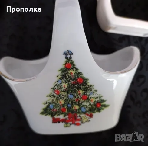 Ретро Коледен комплект, 4 части - кошничка и чинийки с елхички, снимка 5 - Чинии - 48070414
