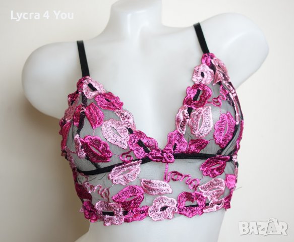 Ново прозрачно тюлено бюстиет/топ S размер на розови и лилави целувки