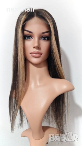 Естествена черна перука с руси кичури - 55 см, дантелена зона 4х4, снимка 2 - Аксесоари за коса - 53148642