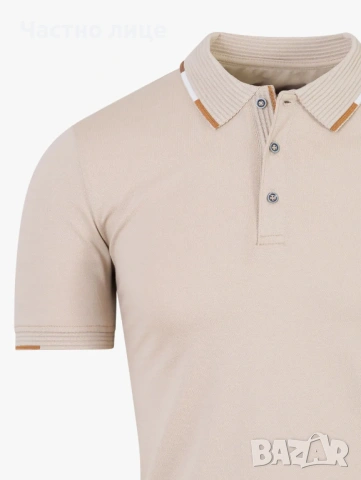 Бежова памучна тениска с яка, снимка 2 - Тениски - 54163266
