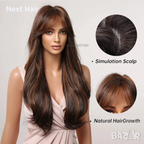 Тъмно кафява перука с кичури и дълъг бретон, снимка 3 - Аксесоари за коса - 52899911