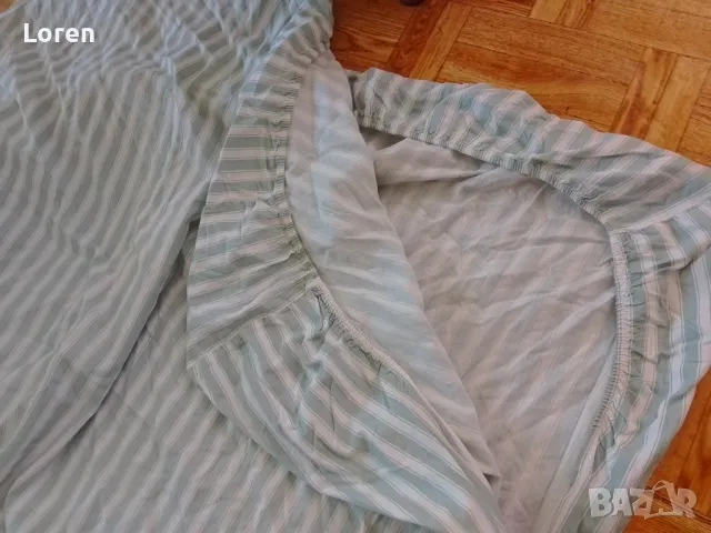 Памучен чаршаф за лято на синьо зелени и бели райета с ластик за единично легло или канапе, снимка 2 - Спално бельо - 50067188