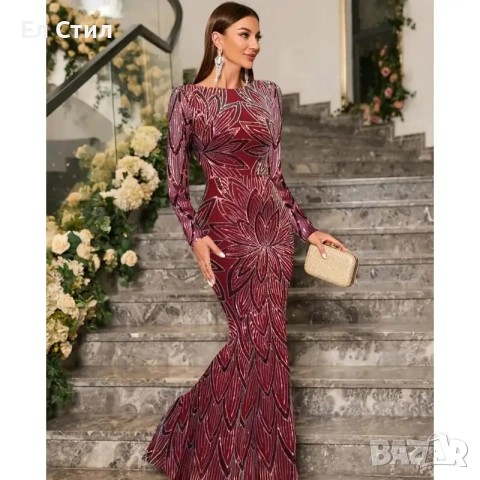 💕Дълга рокля с паети русалка и гол гръб цвят бордо, снимка 5 - Рокли - 53945153