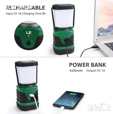 LED акумулаторен фенер за къмпинг, 2 бр /1000 LM, 4 светлинни режима, 4400 mAh Power Bank,, снимка 5 - Лампи за стена - 48788746