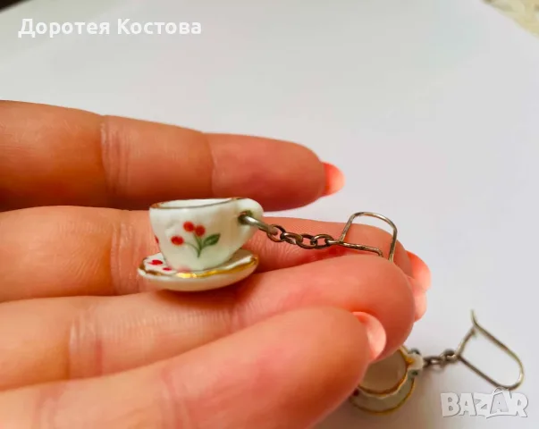 Красиви сребърни обеци с порцеланови чашки, снимка 4 - Обеци - 55759250