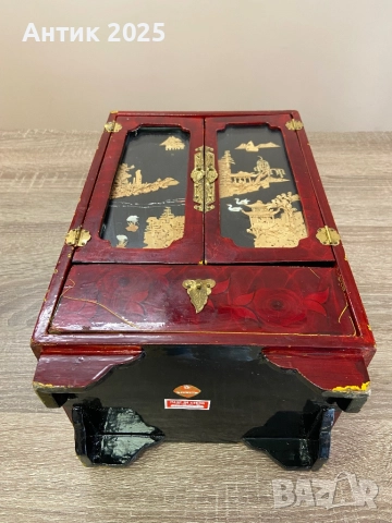 Винтидж китайска кутия за бижута от червено лакирано дърво с резба, снимка 8 - Антикварни и старинни предмети - 52063984