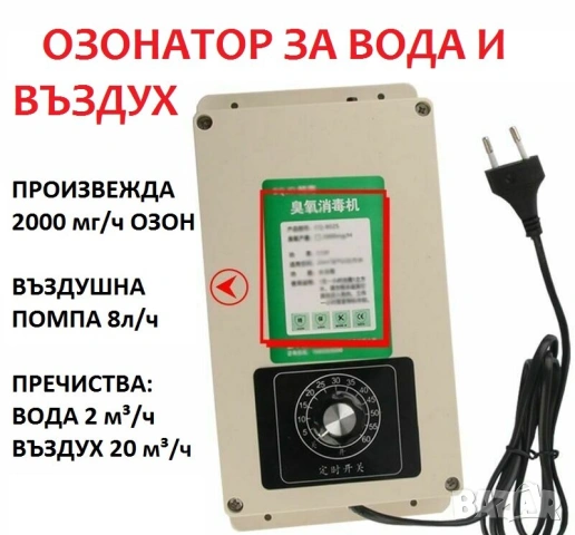 Озонатор за презичистване на Вода, Въздух, Храна - 2000mg/h, снимка 5 - Други - 53910091