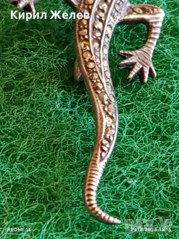 Артистчна сребърна брошка с Маркезит във формата на гущер/саламандър 49738, снимка 4 - Колиета, медальони, синджири - 52925918