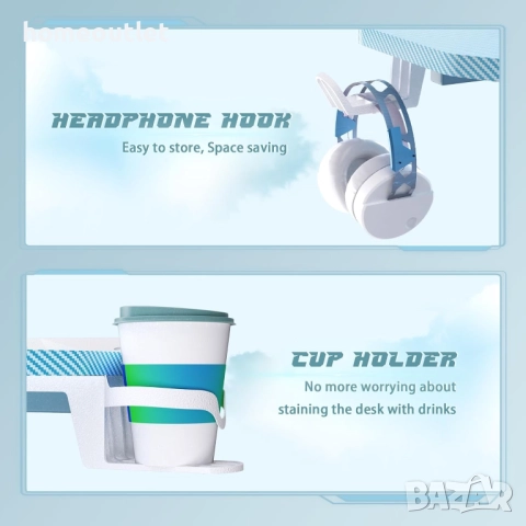 ПРОМОЦИЯ Геймърско бюро 120 см с RGB осветление, поставка за слушалки и чаша HL HDLGD-ZZLEDBU, снимка 4 - Бюра - 51616390