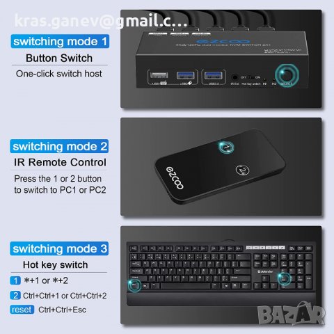 HDMI KVM Switch Dual Monitor 4K 60Hz USB 3.0 2 Ports with Hotkey 18Gbps HDCP2.3 2x HDMI Extended Dis, снимка 3 - Кабели и адаптери - 38874038