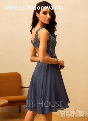 Абитуриентски рокли от шифон с дължина до коляното с V-образно деколте и мъниста.EU36 S-120лв.