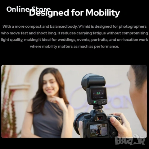 Godox V1 Mid C TTL светкавица за Canon – кръгла глава, LED лампа, 2.4G wireless, снимка 8 - Светкавици, студийно осветление - 54169945