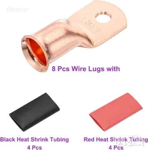 DMiotech 12 бр. 4/0 AWG - 5/16" медни кабелни накрайници, с 12 бр. термосвиваеми тръби, снимка 7 - Други стоки за дома - 49166897